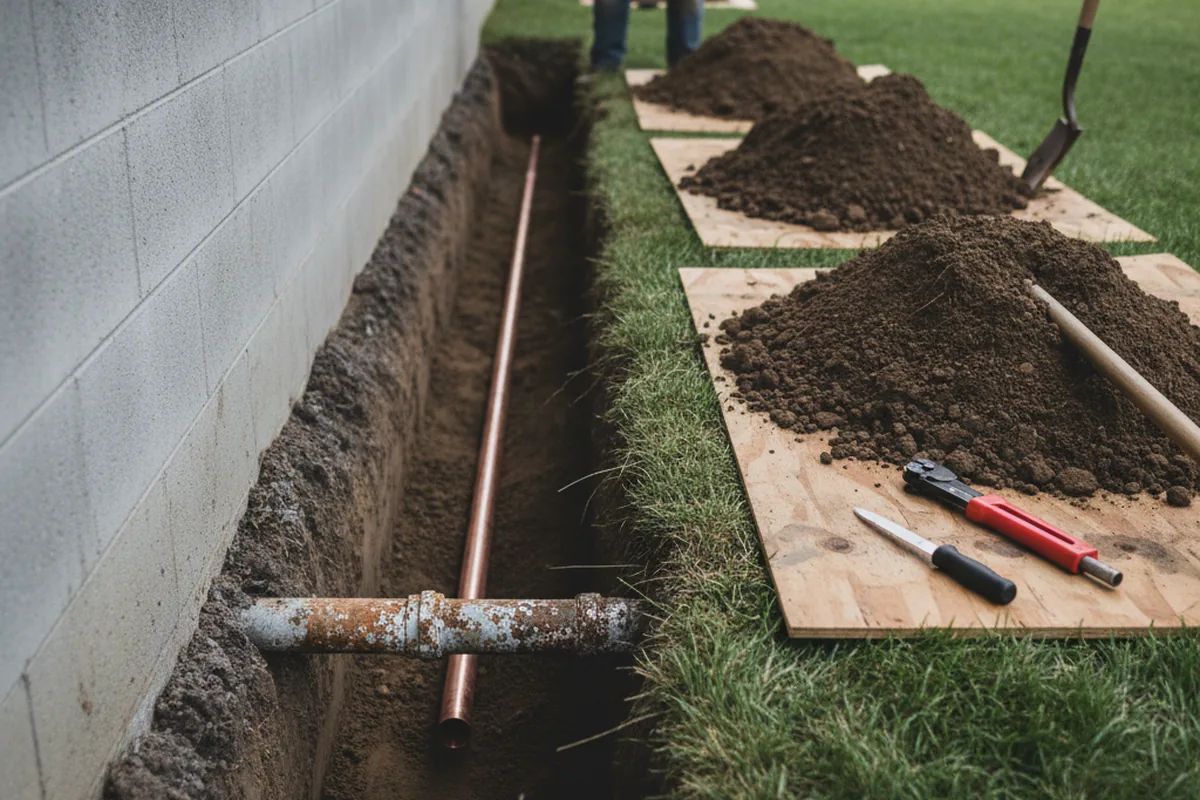 Excavated water line trench during Water Softener Installation in Wendell Depot